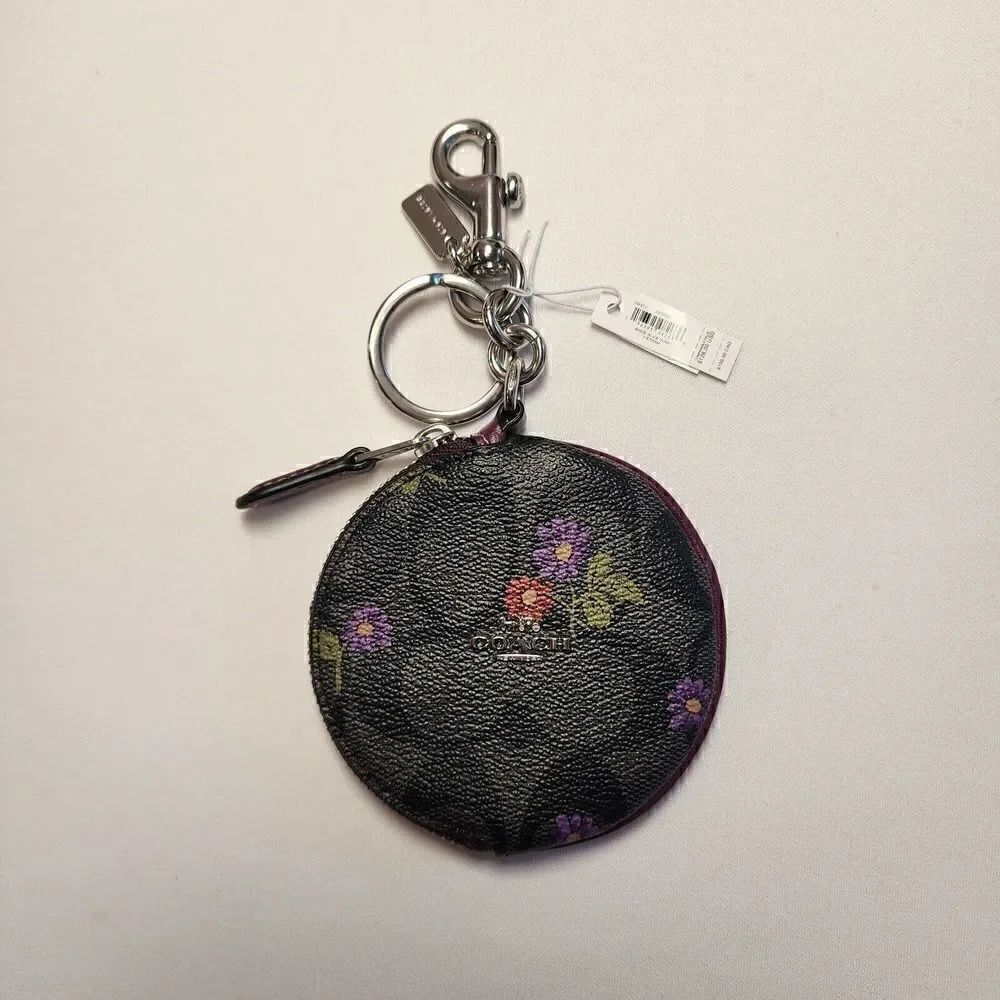 NWT Coach CM317 Circular Coin Pouch Country Floral Signature Deep Berry
